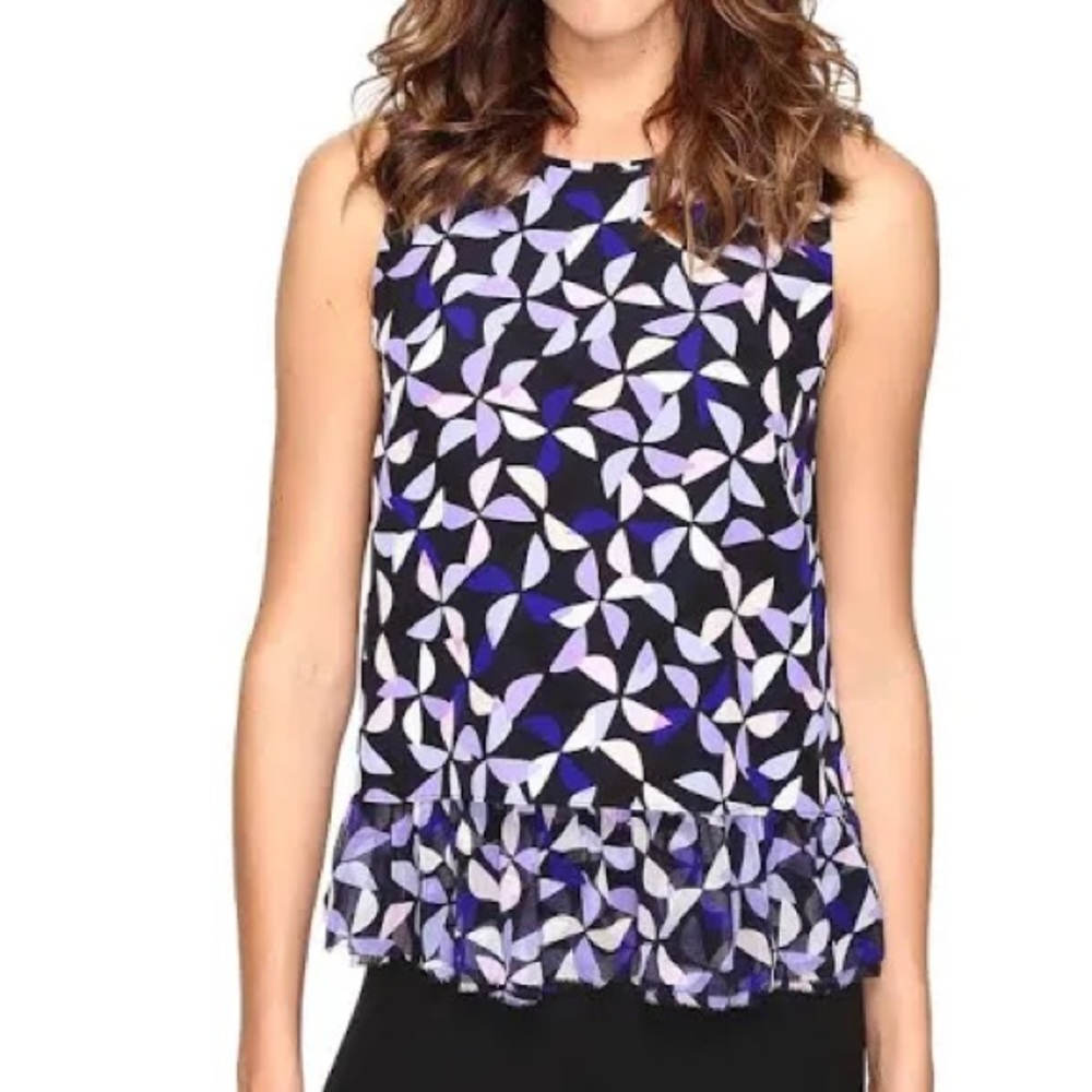 Kate Spade York Spinner Double Patterned Silk Ruffle Sleeveless Top Size L